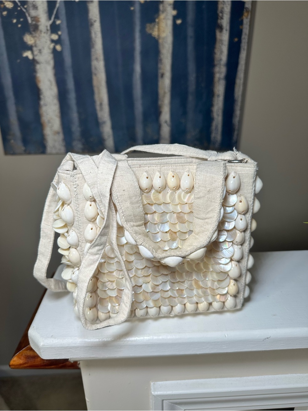 Beaded Shell Square Tote Bag - Cream
